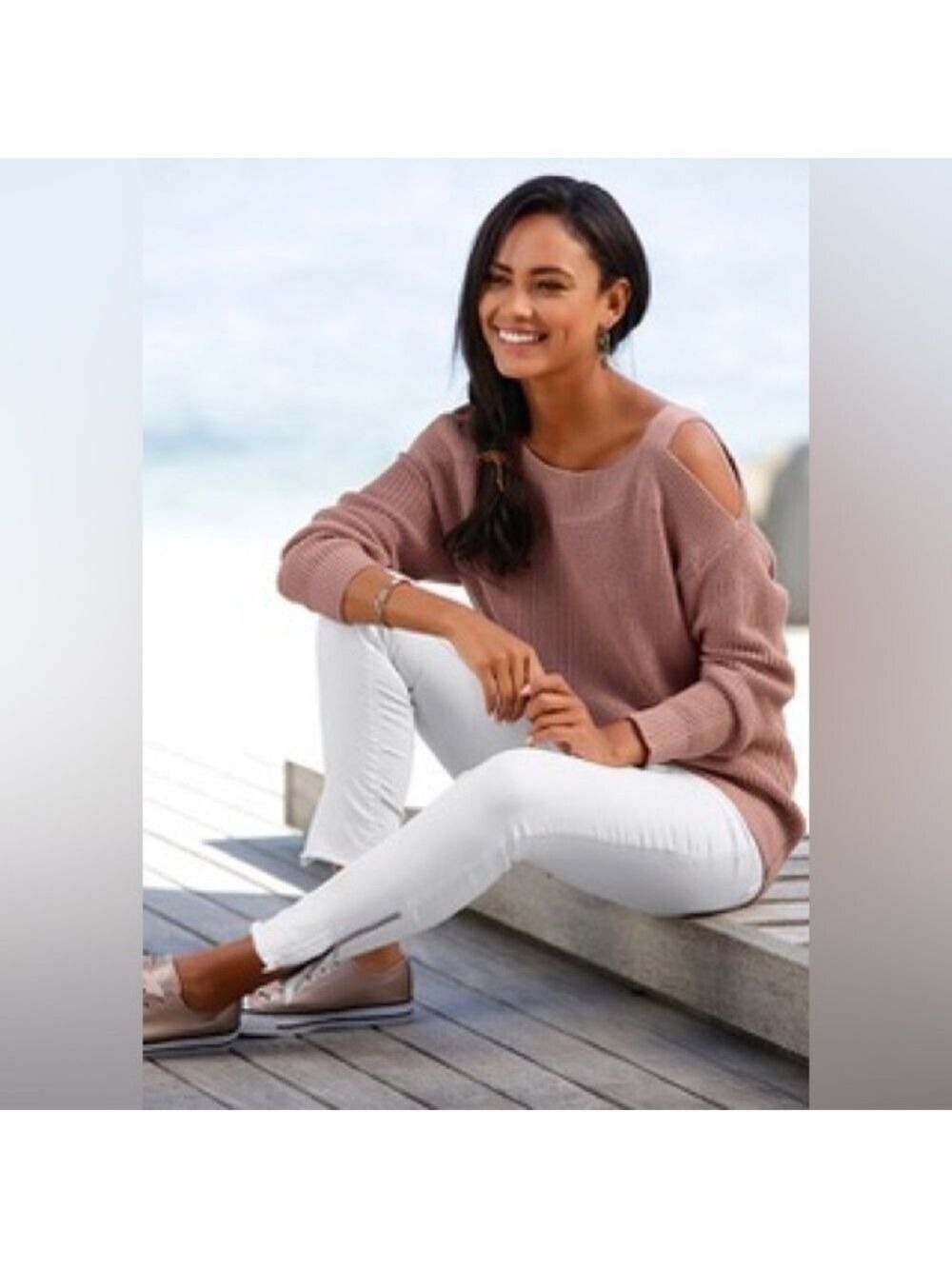 Polly & Esther Drop Sleeve Cut Out Cold Shoulder Sweater